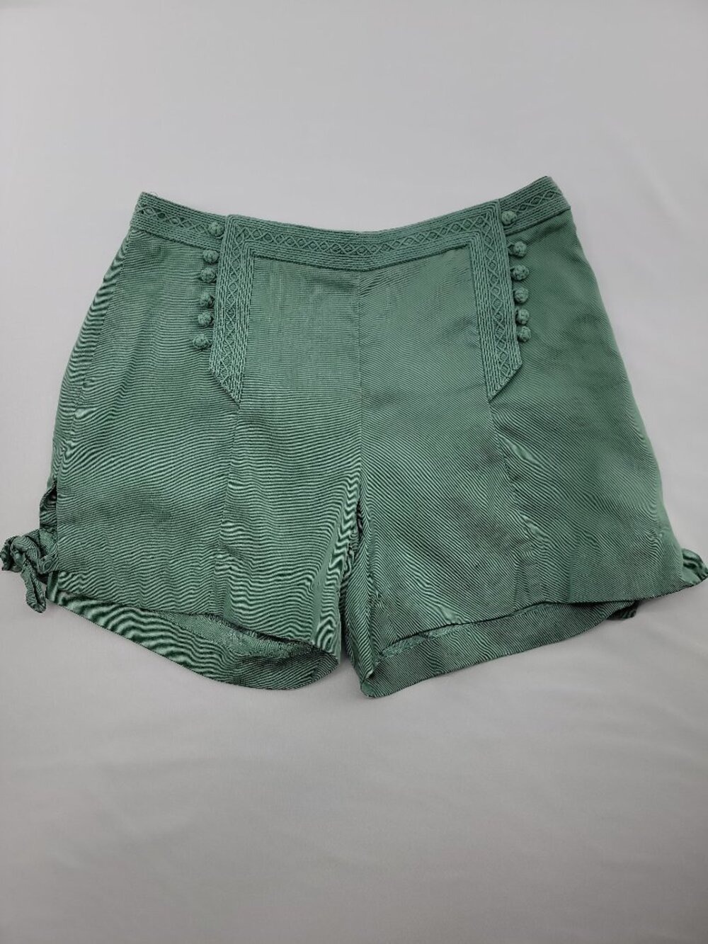 Sezane Sevenses Sage Green Tencel Shorts Embroidered Trim Tie Side Size 0 - Picture 2 of 10